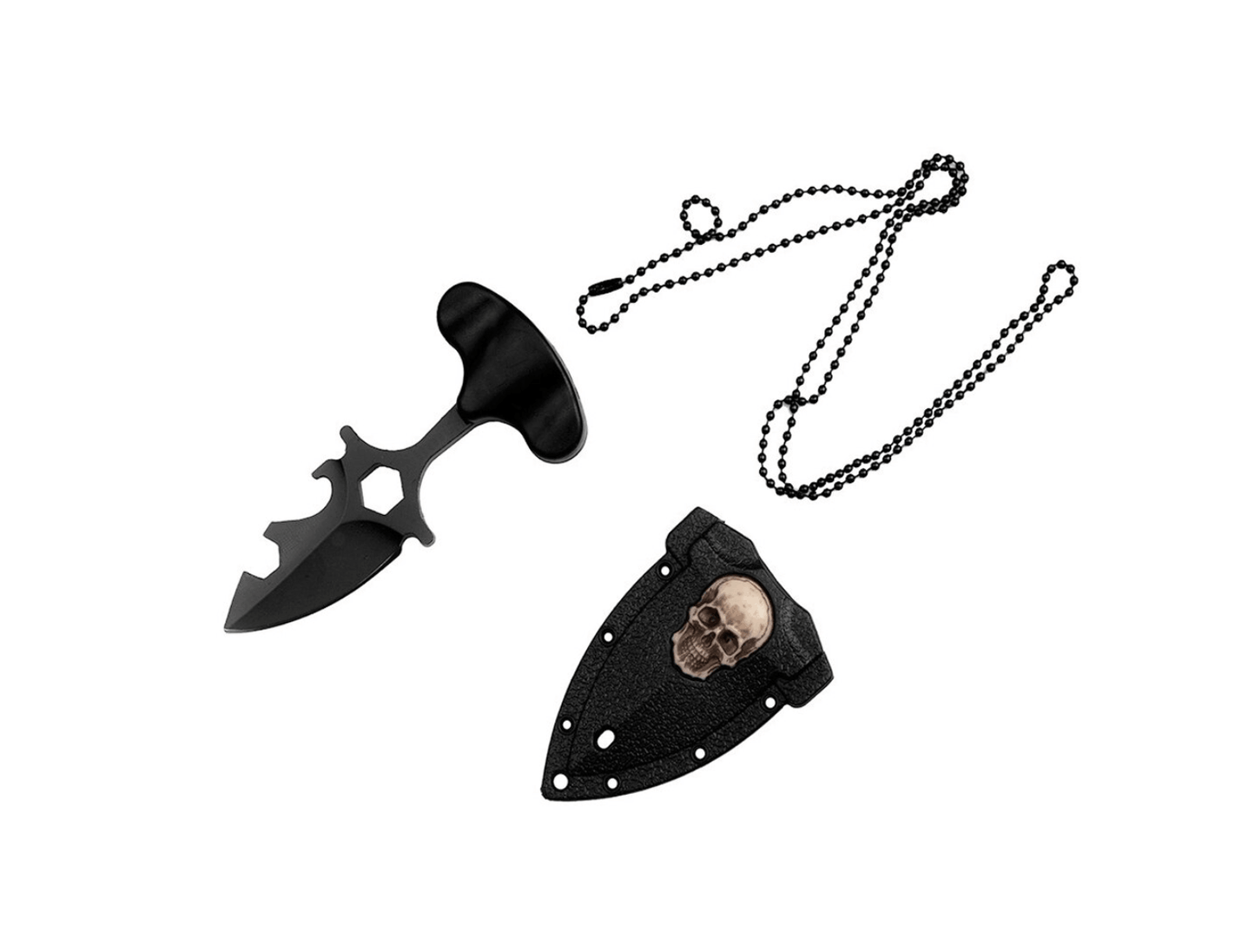Nůž na krk s pouzdrem a řetízkem lebky